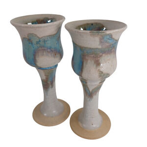 Vintage Art Pottery Wine Goblets Blue and White Glaze 7" Artist Signed Dated